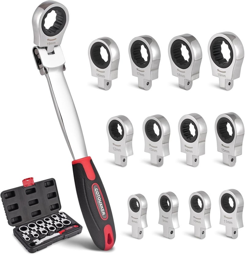 COTOUXKER Flex Head Ratcheting Wrench Set, 8-19mm Ratchet Wrench Set with Interchangeable Heads for Mechanic Repair - Image 1